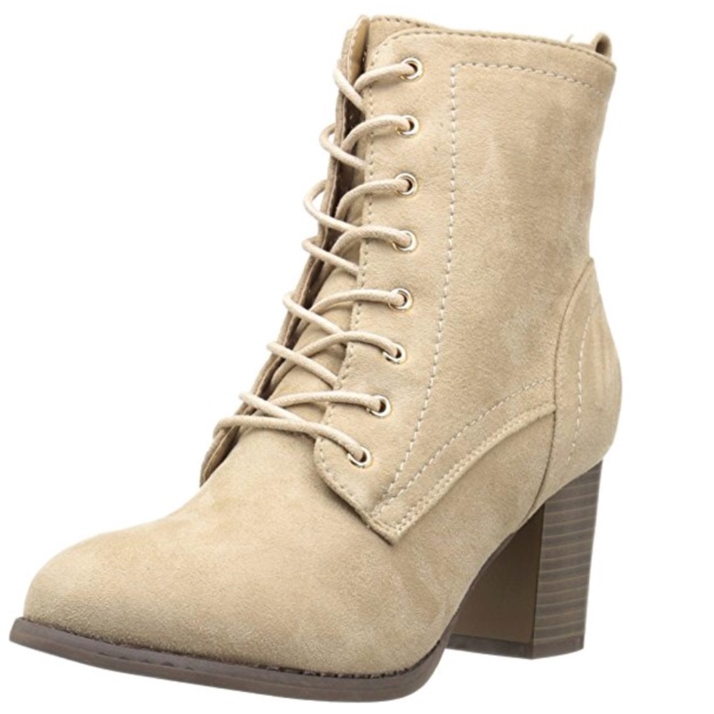 Cream Lace Up Block Heeled Combat Boots - Picture 2 of 5